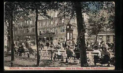 AK Berlin, Unter den Linden, Ecke Friedrichstrasse mit Wettersäule