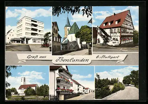 AK Bonlanden b. Stuttgart, Ortspartie mit Kiche