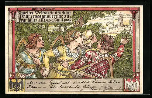 Lithographie Frankfurt a. M., Sängerfest der Männergesangvereine 1903, Sänger vor den Toren der Stadt, Wappen