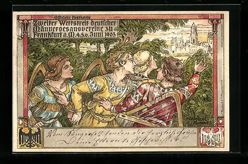 Lithographie Frankfurt a. M., Sängerfest der Männergesangvereine 1903, Sänger vor der Stadt, Wappen