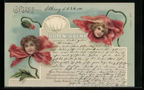 Lithographie Frauenköpfe in Mohnblüten, Metamorphose