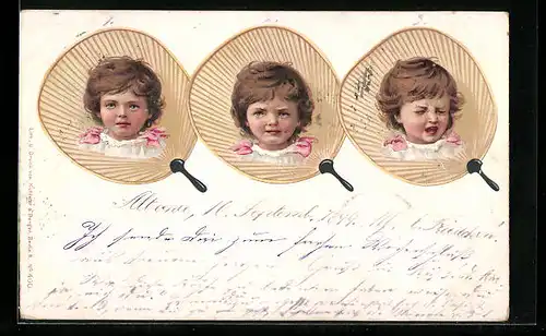 AK Kindergesicht mit wechselnder Mimik auf einem Fächer