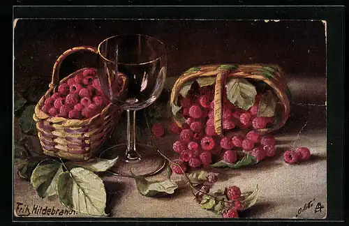 Künstler-AK Fritz Hildebrandt: Zwei Körbe mit Himbeeren und ein Weinglas