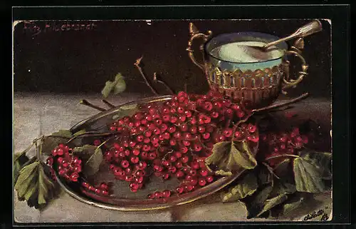 Künstler-AK Fritz Hildebrandt: Schale mit roten Johannesbeeren und ein Punschglas