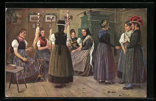Künstler-AK Heinrich Hoffmann: Schwarzwälderinnen in einer Spinnstube