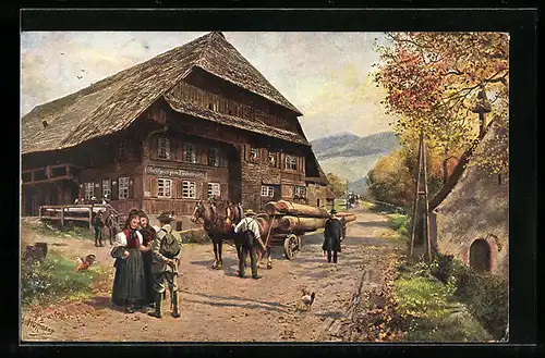 Künstler-AK Heinrich Hoffmann: Höllental, Strasse mit Holzwagen vor dem Gasthaus zum Himmelreich