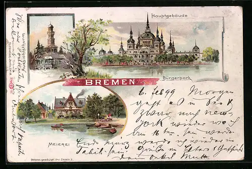 Lithographie Bremen, Bürgerpark mit Hauptgebäude und Meierei