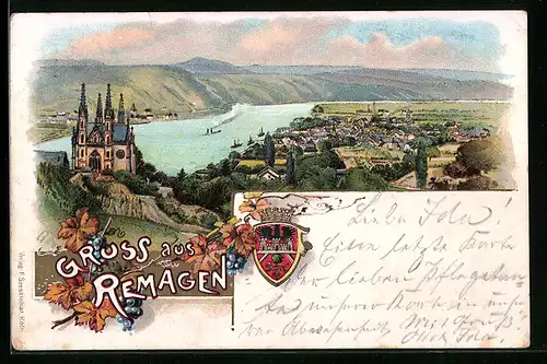 Lithographie Remagen, Ortsansicht mit Umgebung aus der Vogelschau, Wappen
