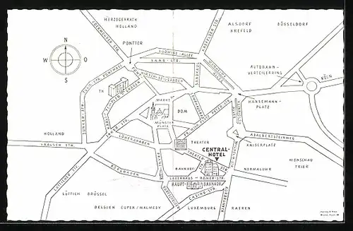 AK Bad-Aachen, Central-Hotel garni Familie Levano, Römerstrasse 7-9, rückseitig Stadtplan