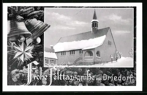 AK Driedorf /Dillkreis, Kirche im Schnee, Weihnachtsglocken