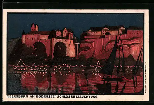 AK Meersburg /Bodensee, Schlossbeleuchtung bei Nacht