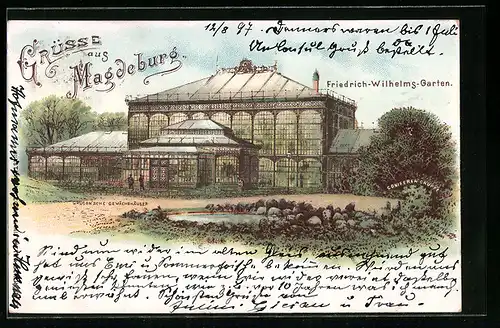 Lithographie Magdeburg, Friedrich-Wilhelms-Garten mit Gewächshaus