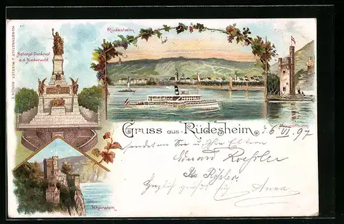 Lithographie Rüdesheim, Panorama mit Dampfer, Burg Rheinstein