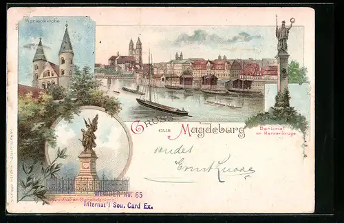 Lithographie Magdeburg, Teilansicht vom Wasser aus, Denkmal im Herrenkruge