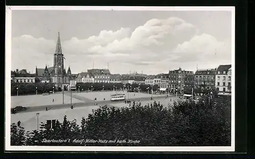 AK Saarlautern, Platz mit Kirche und Strassenbahn
