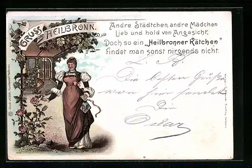 Lithographie Heilbronn, Heilbronner Kätchen neben Rosenstrauch