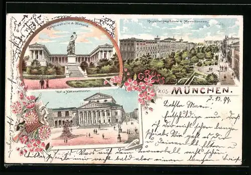 Lithographie München, Ruhmeshalle & Bavaria, Hof- und Nationaltheater