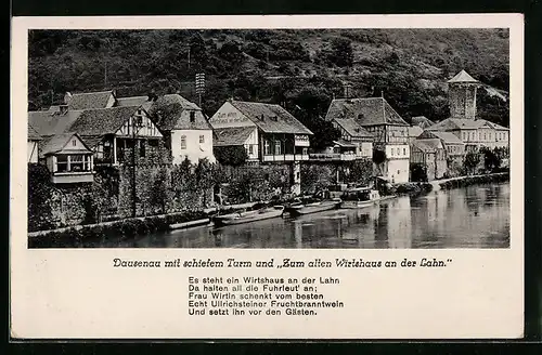 AK Dausenau, Panorama mit schiefem Turm und Gasthof Wirtshaus an der Lahn