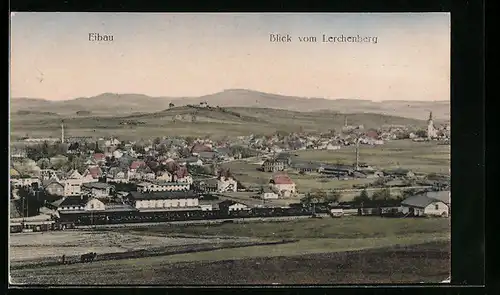 AK Eibau, Ortsansicht mit Bahnhof vom Lerchenberg aus