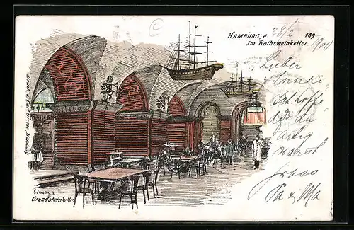 Lithographie Hamburg, im Rathsweinkeller, Grundsteinkeller