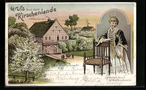 Lithographie Altenlande, Altländer Braut in Nationaltracht