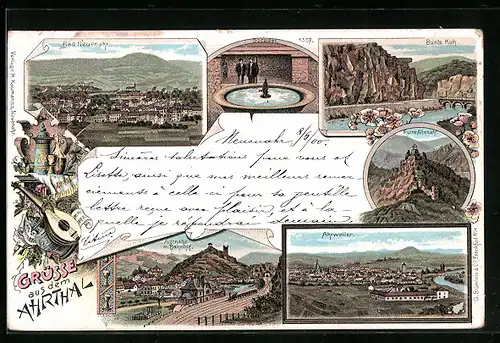 Lithographie Bad Neuenahr, Sprudel, Bunte Kuh, Ruine Altenahr, Ahrweiler, Altenahr mit Bahnhof