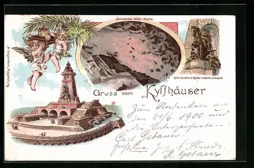 Lithographie Kyffhäuser, Kaiser-Wilhelm-Denkmal, Reiter-Standbild, Barbarossa Höhle, Engel