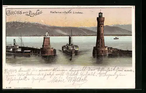 Lithographie Lindau, Partie an der Hafeneinfahrt