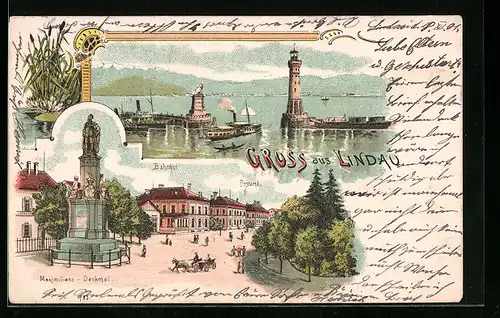 Lithographie Lindau, Maximilians-Denkmal, Bahnhof, Postamt, Hafenpartie