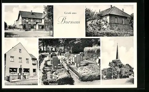 AK Borsum, Gasthaus, Kindergarten, Geschäftshaus Theodor Blumenberg, Ehrenmal, Kirche