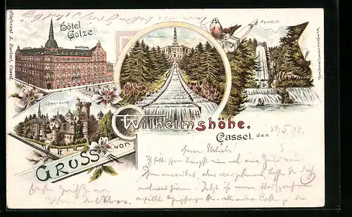 Lithographie Cassel, Wilhelmshöhe, Cascaden, Aquaduct, Hotel Colze, Löwenburg
