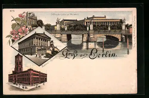 Lithographie Berlin, Schlossbrücke u. Museum, National-Galerie, Rotes Rathaus