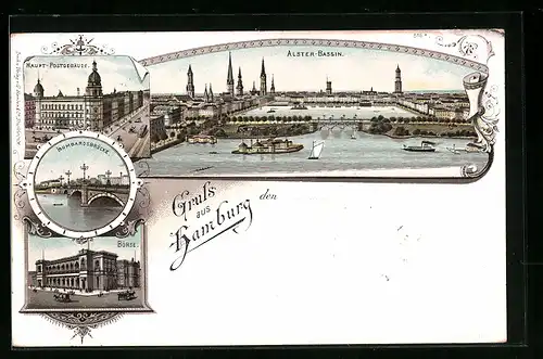 Lithographie Hamburg, Alster-Bassin, Haupt-Postgebäude, Lombardsbrücke, Börse