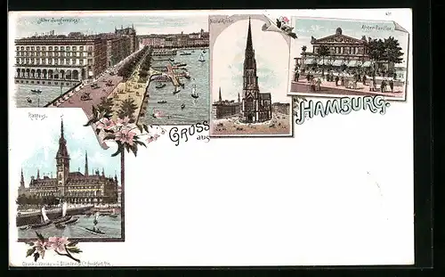 Lithographie Hamburg, Alter Jungfernstieg, Rathaus, Nicolai-Kirche, Alster-Pavillon