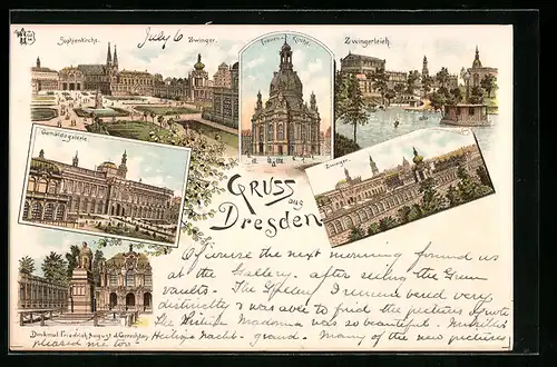 Lithographie Dresden, Frauenkirche, Zwingerteich, Zwinger, Sophienkirche, Gemäldegalerie, Denkmal Friedrich August