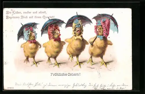 AK Osterküken mit Schirmen und Hauben