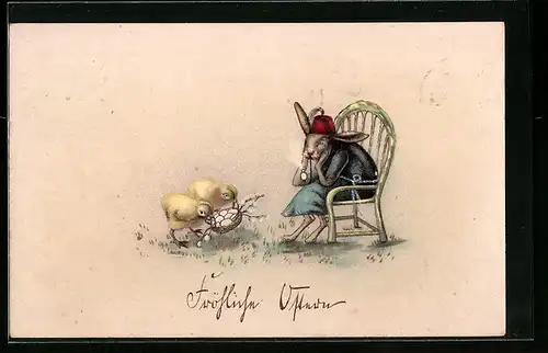 AK Osterhase mit zwei Osterküken
