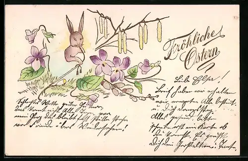 AK Osterhase schaut aus der Eierschale, Veilchen und Weidenkätzchen