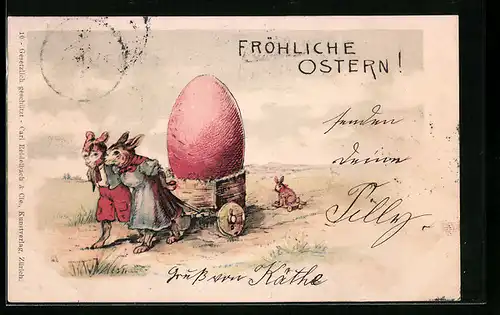 AK Osterhasen ziehen einen Wagen