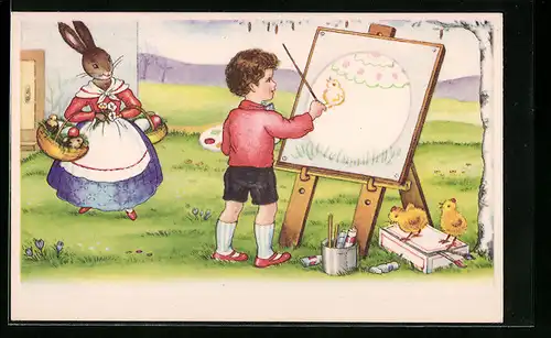 AK Osterhase bestaunt Gemälde eines Jungen