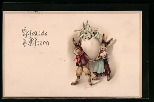 AK Osterhasen transportieren Ei mit Schneeglöckchen