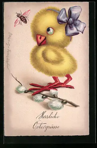 AK Osterküken mit Palmkätzchenzweig und Schleife