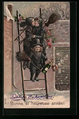 AK Schornsteinfeger auf Leiter mit Rosen, Sekt und Hufeisen