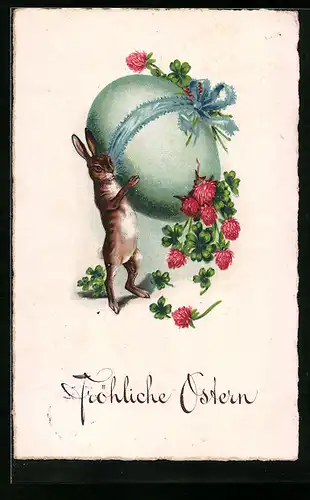 AK Osterhase mit Ei und Kleeblättern