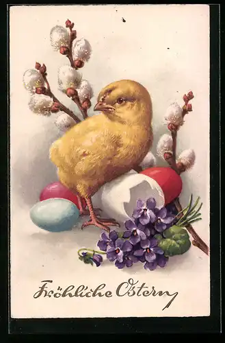 AK Osterküken mit Veilchen und Eierschale