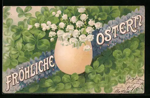 AK Eierschale mit Maiglöckchen, Kleeblätter, Ostern
