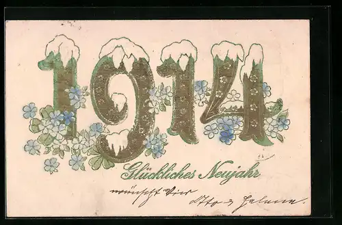 AK Jahreszahl 1914 mit Schnee und Blüten