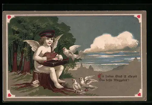 AK Engel als Briefträger und weisse Tauben