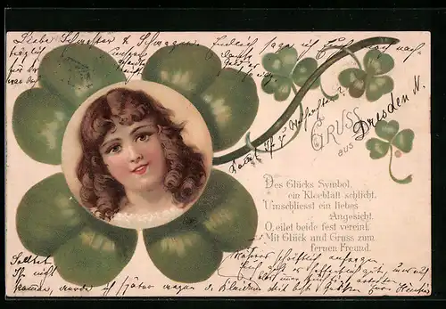 Lithographie Engel von einem vierblättrigen Kleeblatt umrahmt