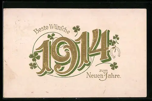 AK Goldene Jahreszahl 1914 mit Kleeblättern und Hufeisen